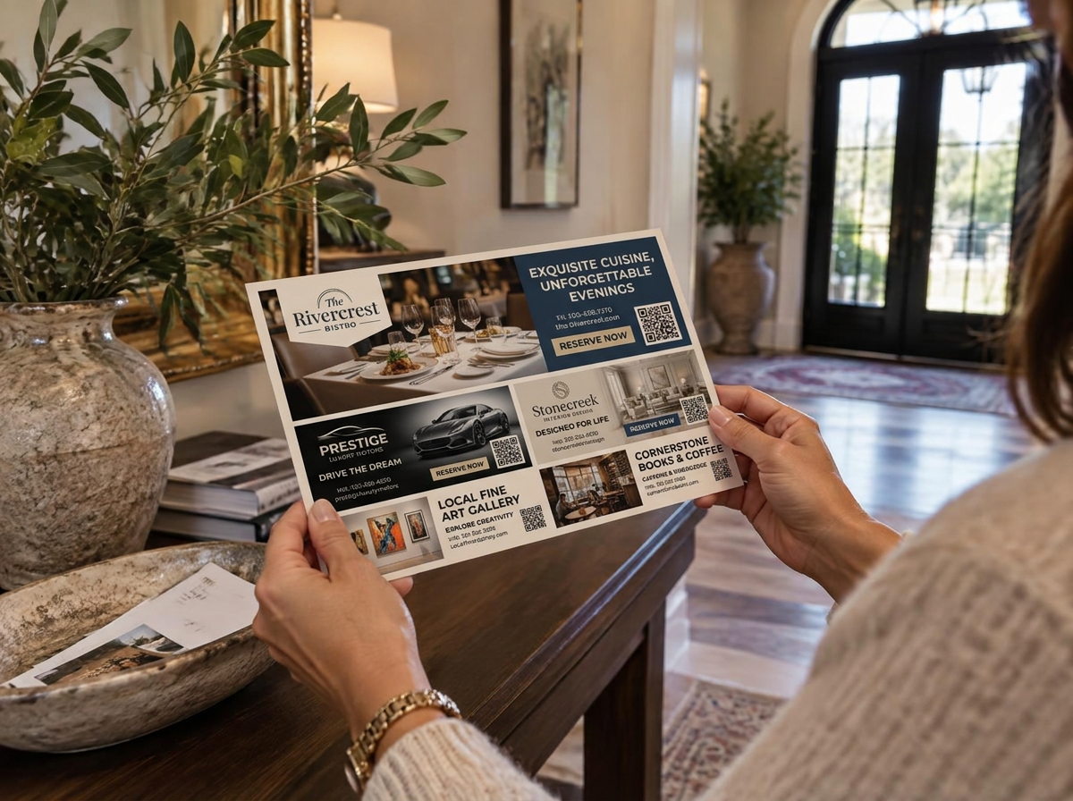 A resident holding a premium neighborhood mailer at home