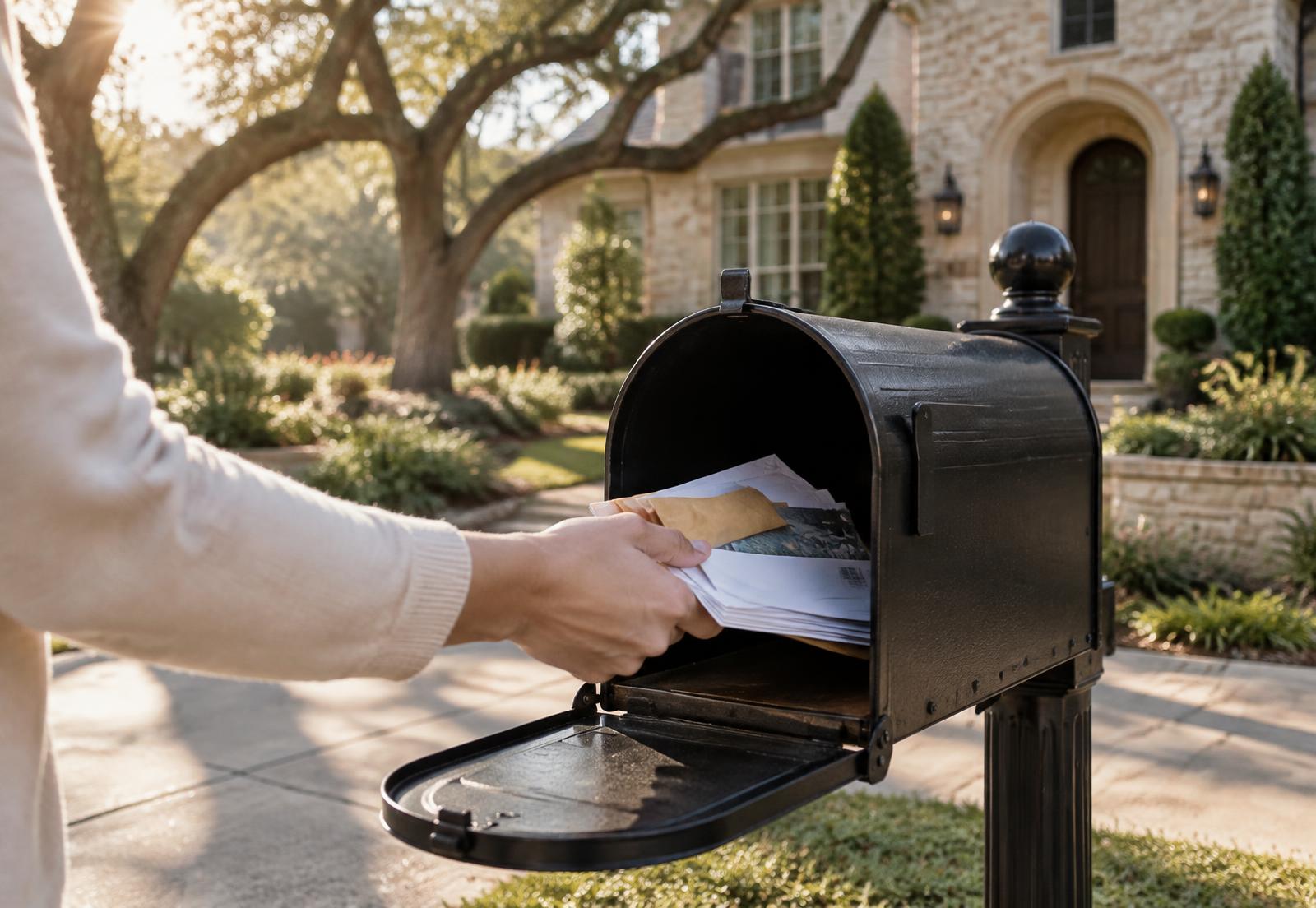 A resident collecting mail from a mailbox outside a home